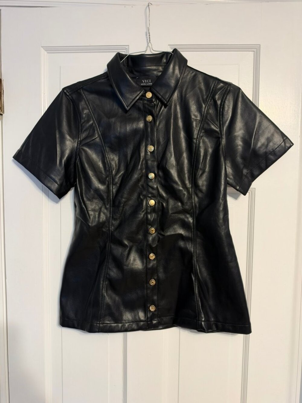 V.I.C.I. Faux Leather Gold Button Shirt - Size XL